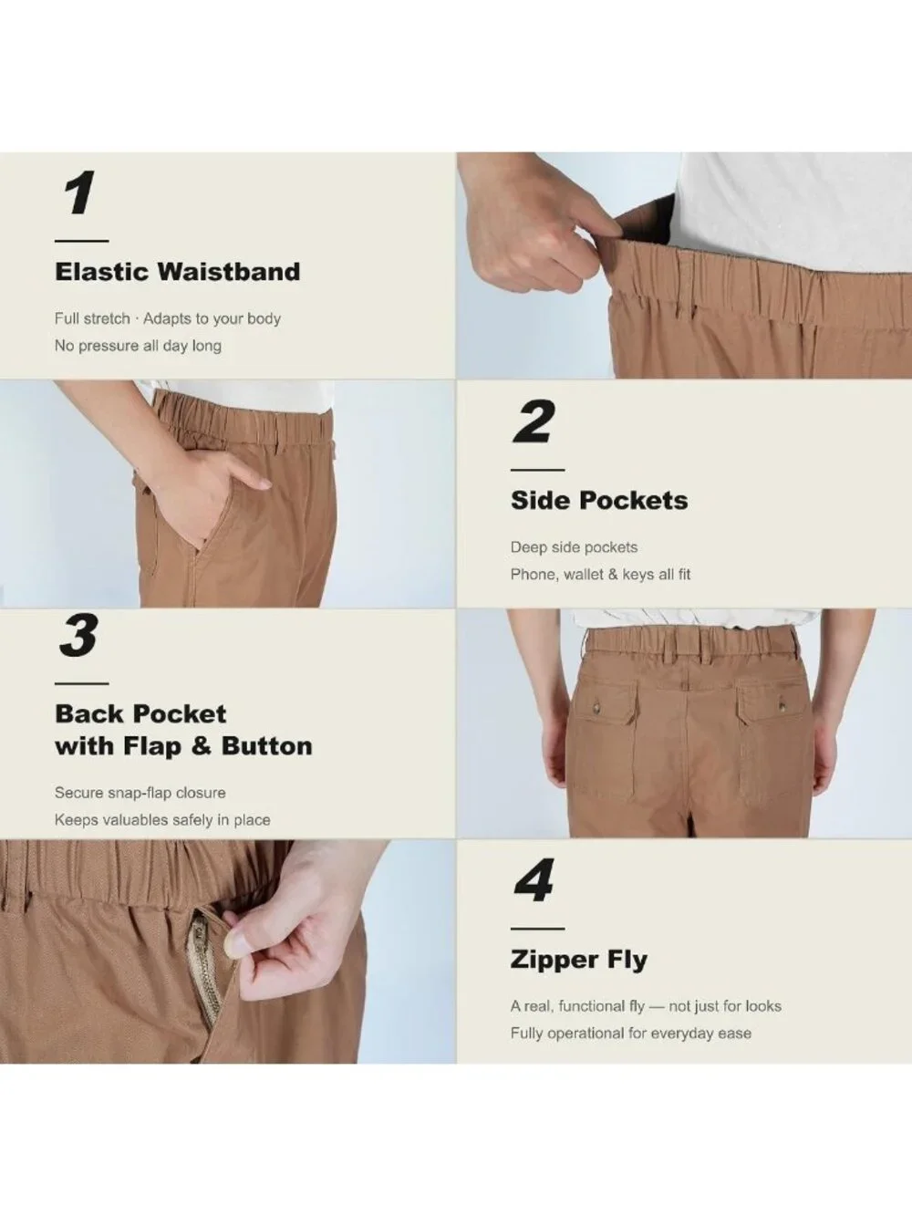 Men's Cotton Relaxed Fit Twill Pants with Full Elastic Waist - Comfortable